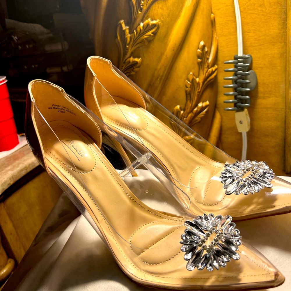 Size 11 transparent & tan Anne Michelle heels with bling on the  front of shoes
